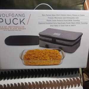 Wolfgang Puck Gray Rectangular Covered Glass Baker with Insulated Carry Bag